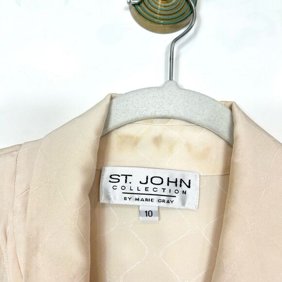 St. John Collection Silk Blouse Women 10 Cream Jacquard Button Front Long Sleeve - Picture 6 of 13